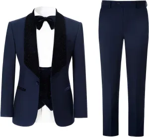 Men's Slim Fit Tuxedo, Shiny Velvet Shawl Collar 3 Piece Suit, Party Jacket Vest Pants & Bow Tie Set