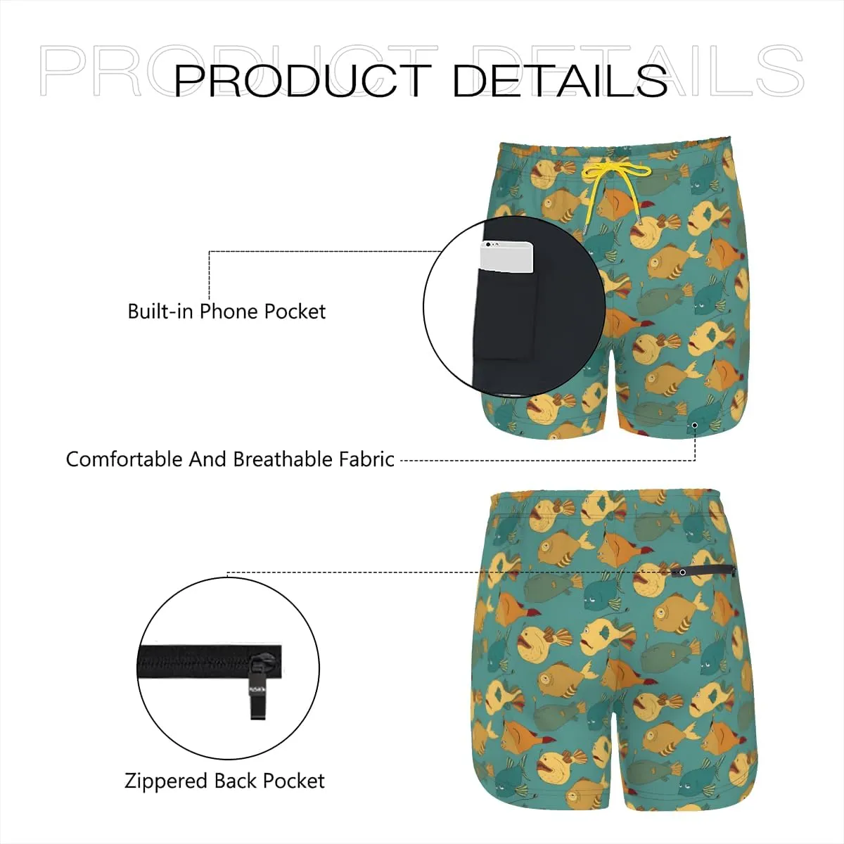 Men's Stretchy Elastic Waist Trunks Anglerfish Pattern Swim Trunks Vacation Travel Outdoor Sports Fitness