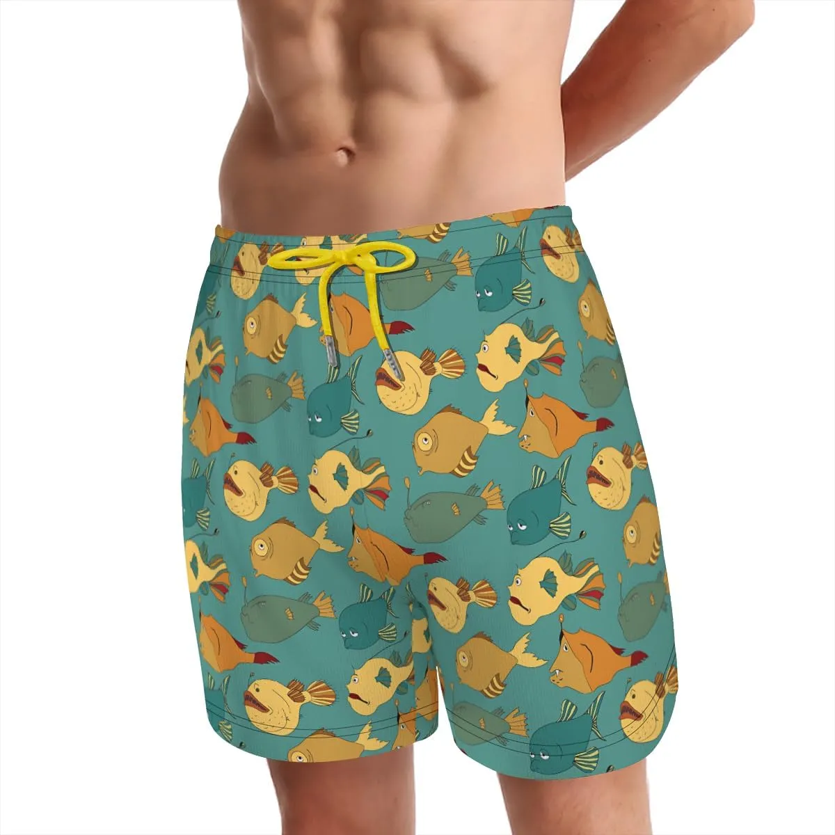 Men's Stretchy Elastic Waist Trunks Anglerfish Pattern Swim Trunks Vacation Travel Outdoor Sports Fitness