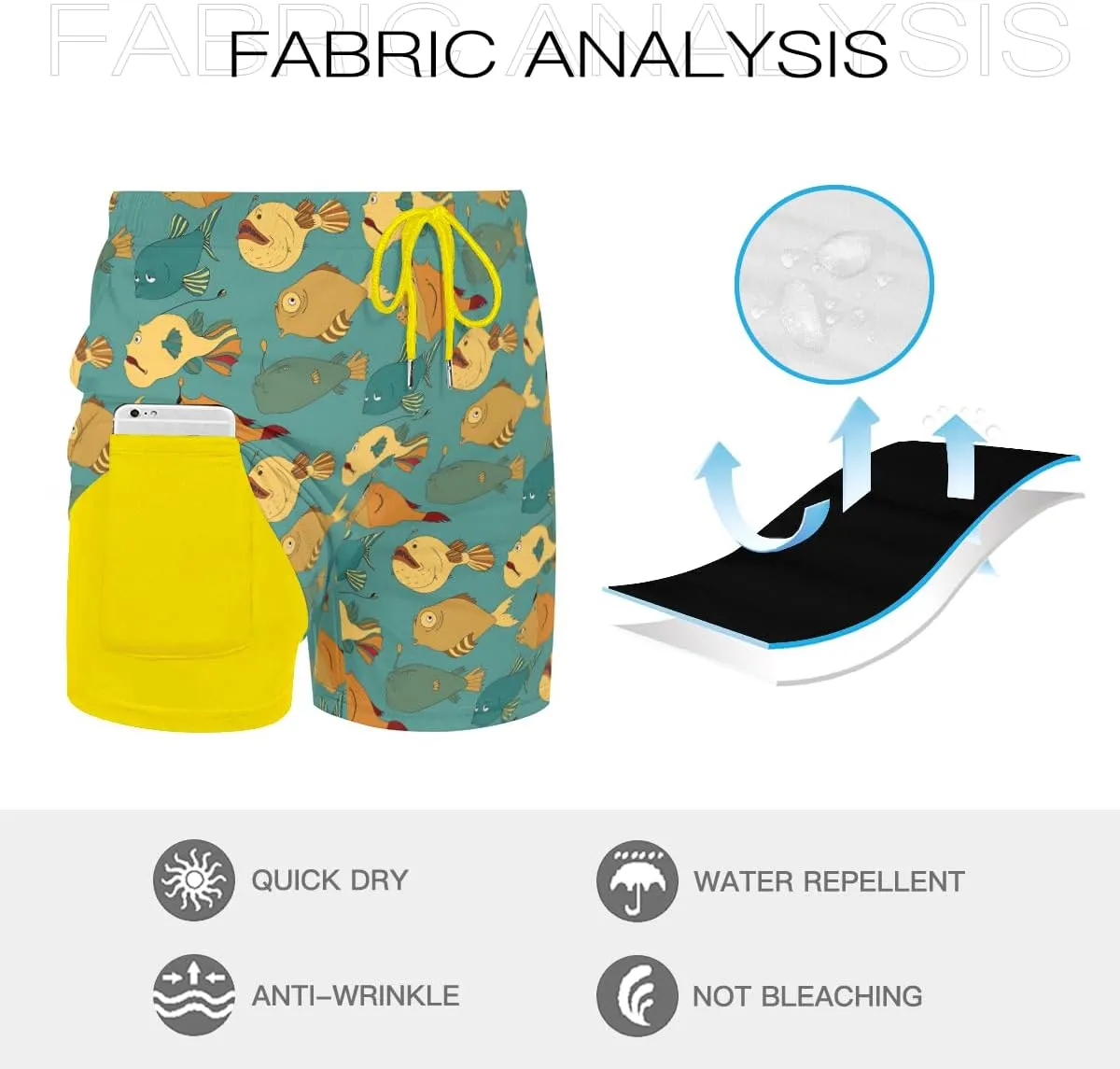 Men's Stretchy Elastic Waist Trunks Anglerfish Pattern Swim Trunks Vacation Travel Outdoor Sports Fitness
