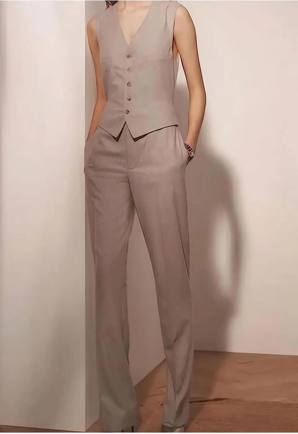 Mi Bo Tong Women Linen Suits 2 Pieces Set Lady Summer Casual Suits Vest Pants Elegant Waistcoat Tuxedos for Wedding Party