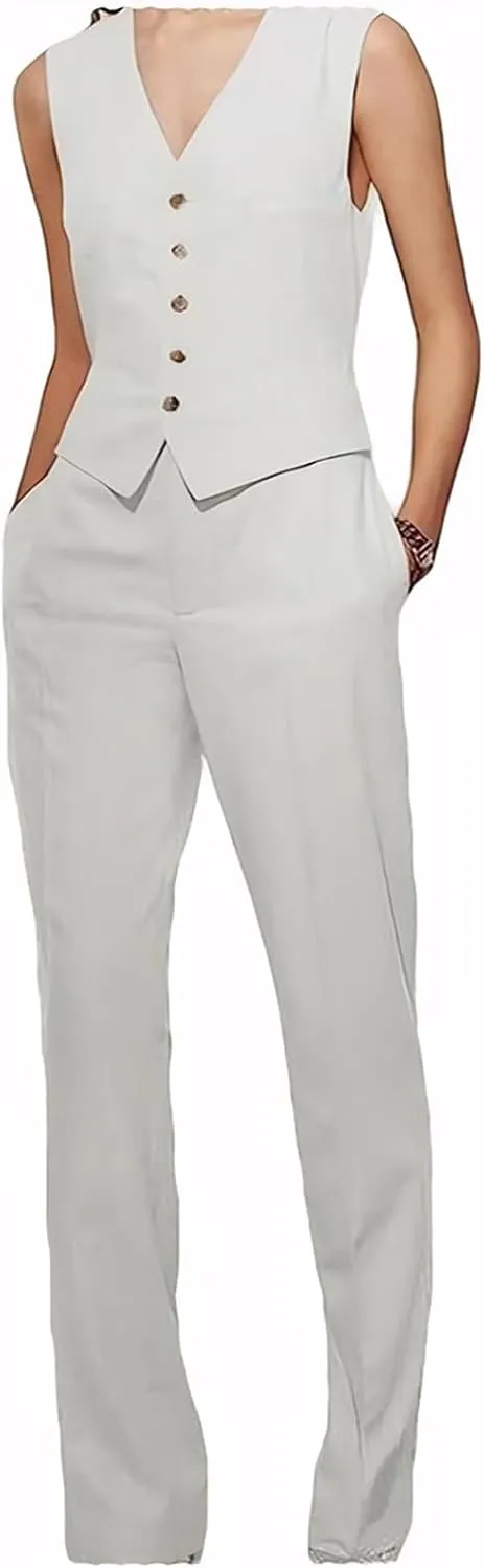 Mi Bo Tong Women Linen Suits 2 Pieces Set Lady Summer Casual Suits Vest Pants Elegant Waistcoat Tuxedos for Wedding Party