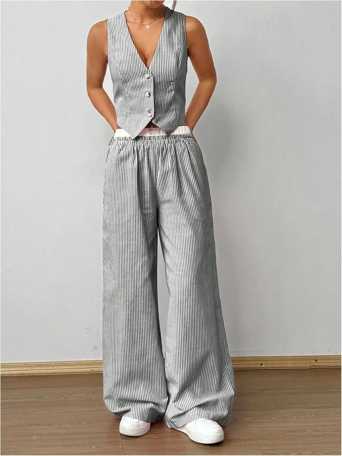 Milumia Women's 2 Pcs Outfits Striped V Neck Button Blazer Vest Pants Tracksuit