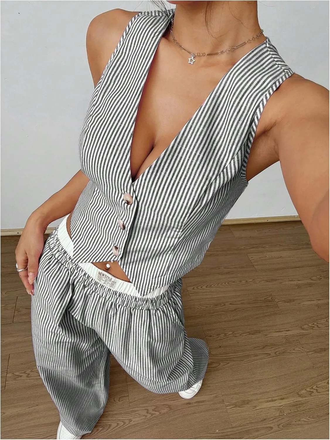 Milumia Women's 2 Pcs Outfits Striped V Neck Button Blazer Vest Pants Tracksuit