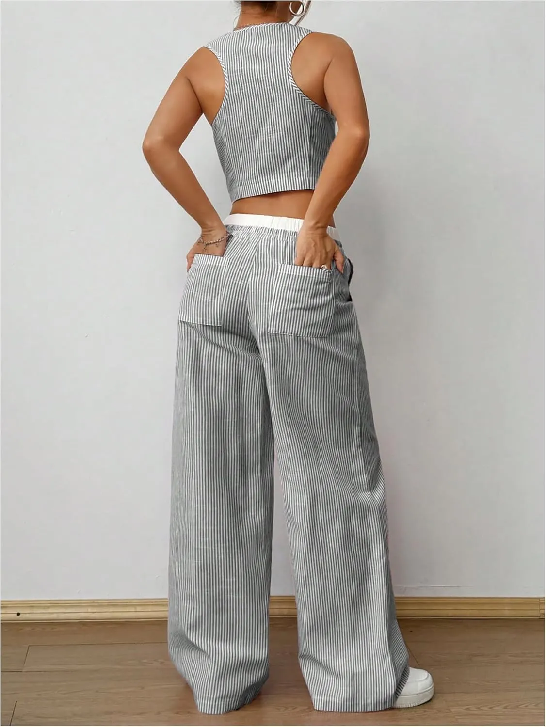 Milumia Women's 2 Pcs Outfits Striped V Neck Button Blazer Vest Pants Tracksuit