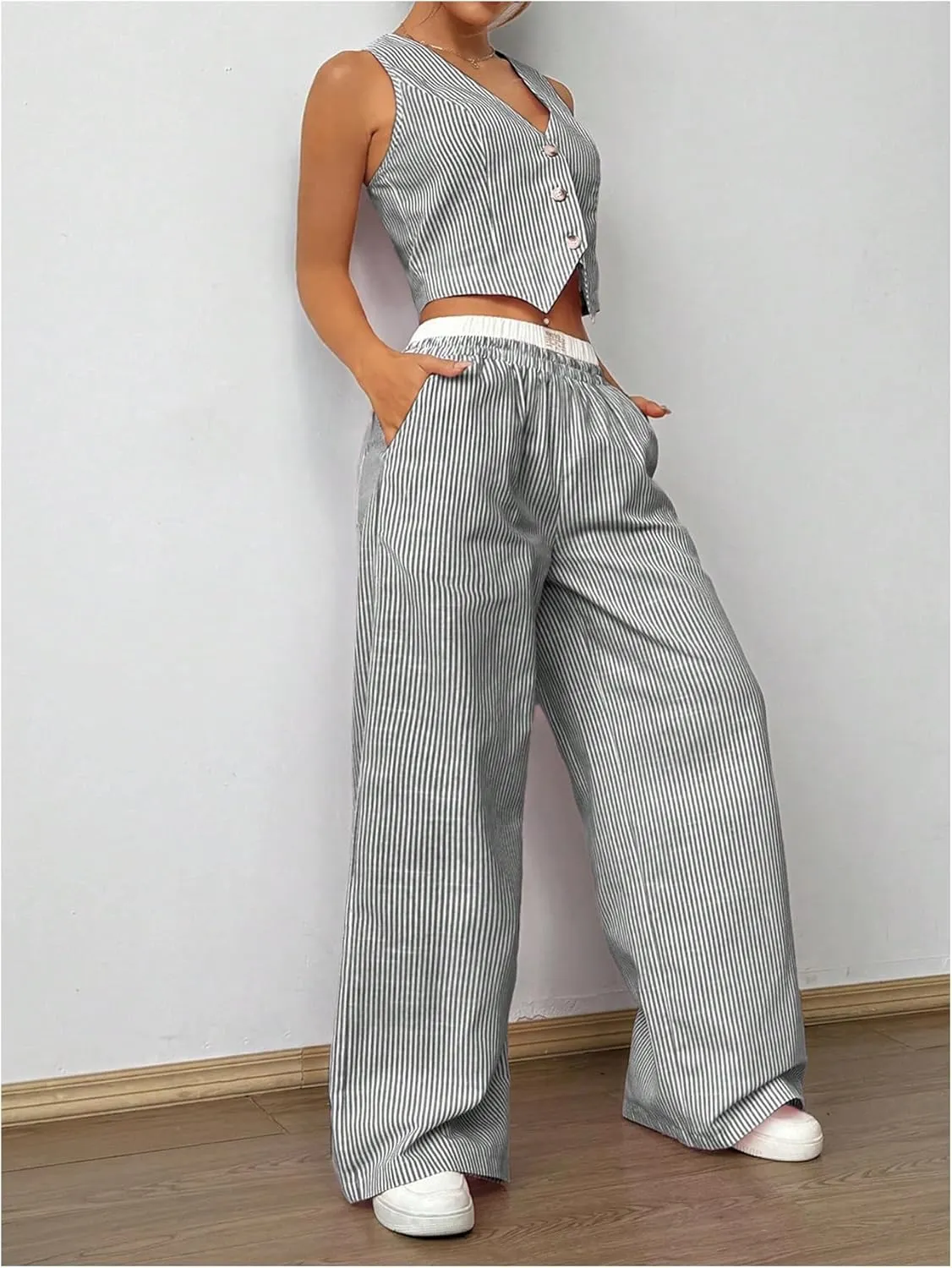 Milumia Women's 2 Pcs Outfits Striped V Neck Button Blazer Vest Pants Tracksuit