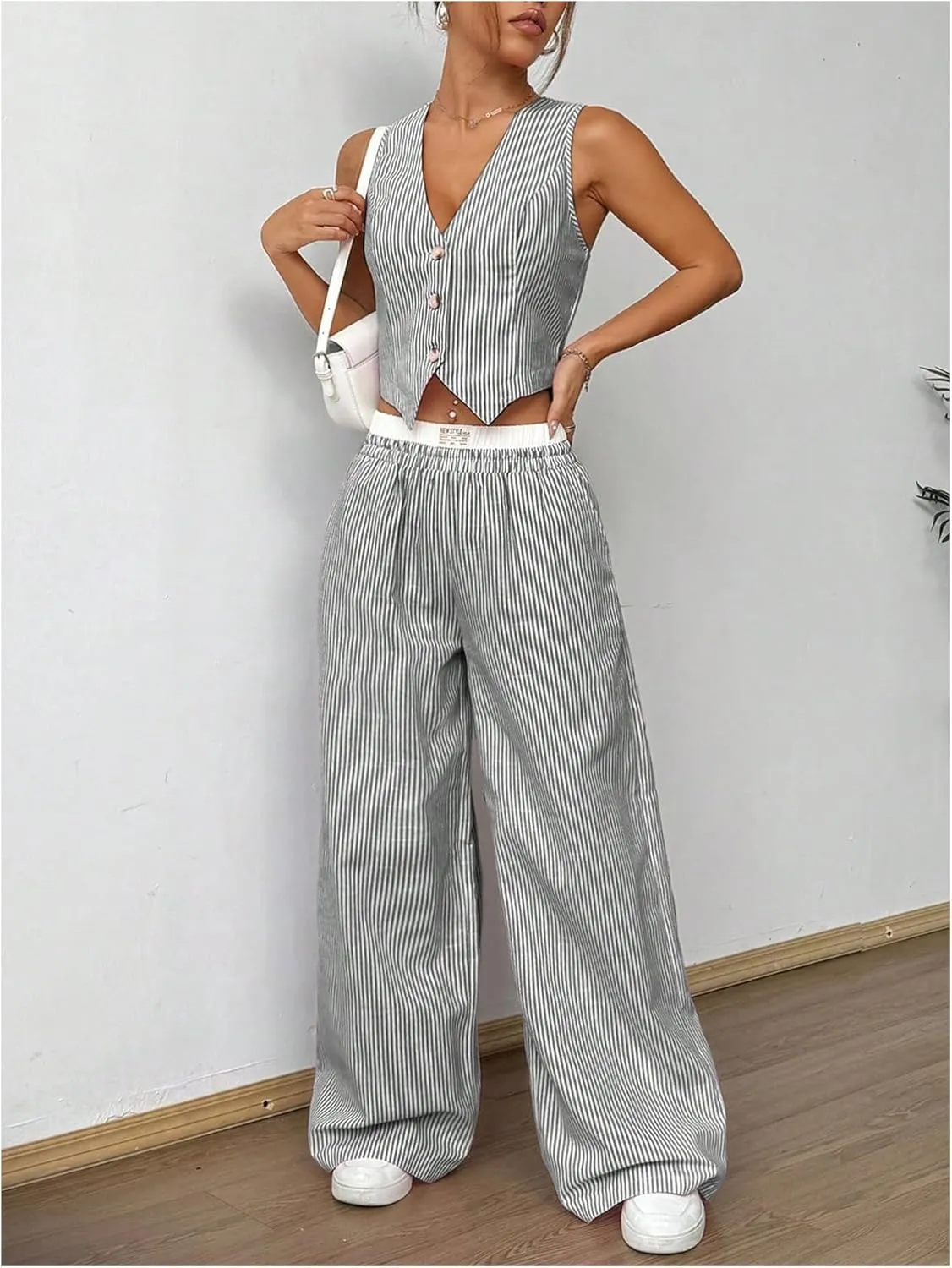 Milumia Women's 2 Pcs Outfits Striped V Neck Button Blazer Vest Pants Tracksuit