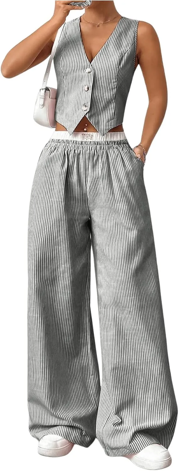 Milumia Women's 2 Pcs Outfits Striped V Neck Button Blazer Vest Pants Tracksuit