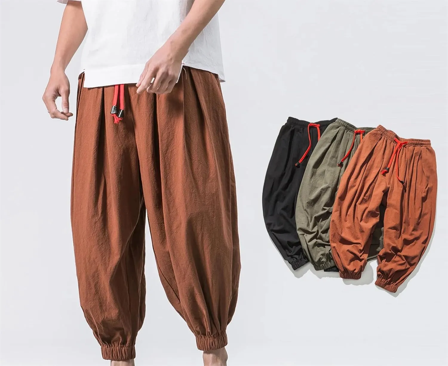 Mnjyihy Men Loose Harem Pants Chinese Linen Elastic Waist Drawstring Sweatpants Casual Oversize Trousers