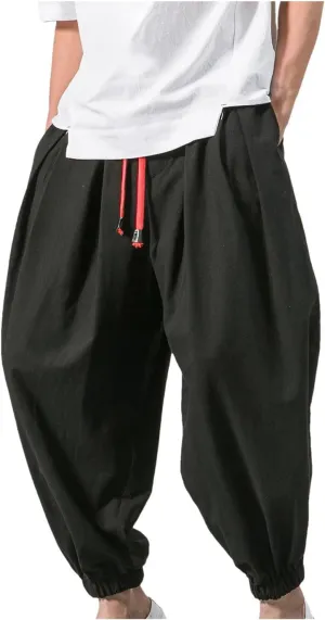 Mnjyihy Men Loose Harem Pants Chinese Linen Elastic Waist Drawstring Sweatpants Casual Oversize Trousers
