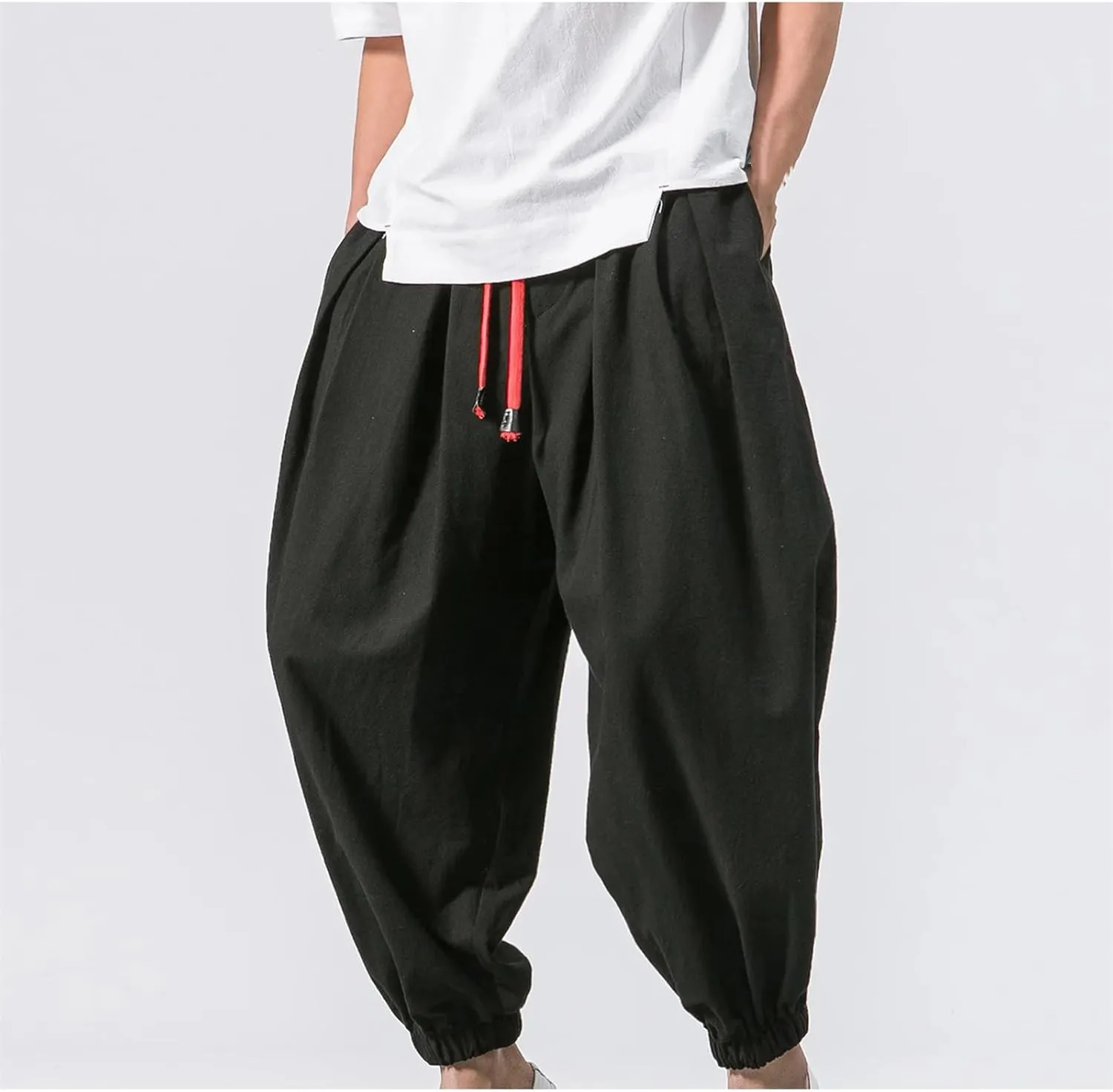 Mnjyihy Men Loose Harem Pants Chinese Linen Elastic Waist Drawstring Sweatpants Casual Oversize Trousers