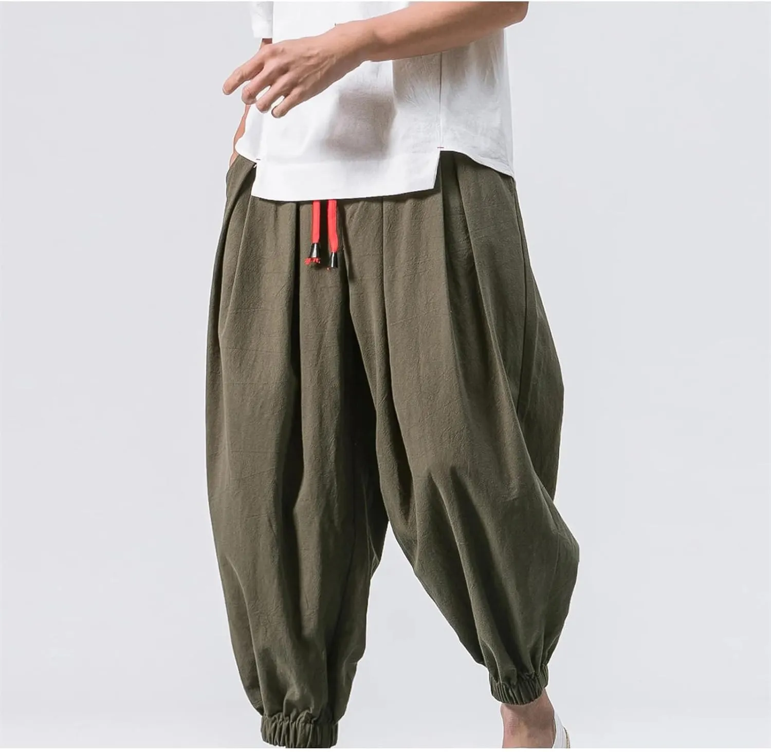 Mnjyihy Men Loose Harem Pants Chinese Linen Elastic Waist Drawstring Sweatpants Casual Oversize Trousers