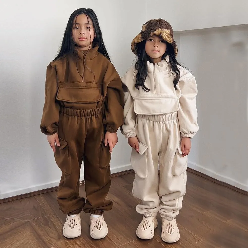 MYGBCPJS Boys Girls 2Pcs Thick Fleece Zipper Sweatsuit Kids Long Sleeve Pullover Sweatshirt No Hood   Pants Outfits Set