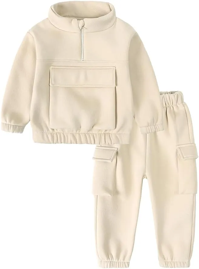 MYGBCPJS Boys Girls 2Pcs Thick Fleece Zipper Sweatsuit Kids Long Sleeve Pullover Sweatshirt No Hood   Pants Outfits Set