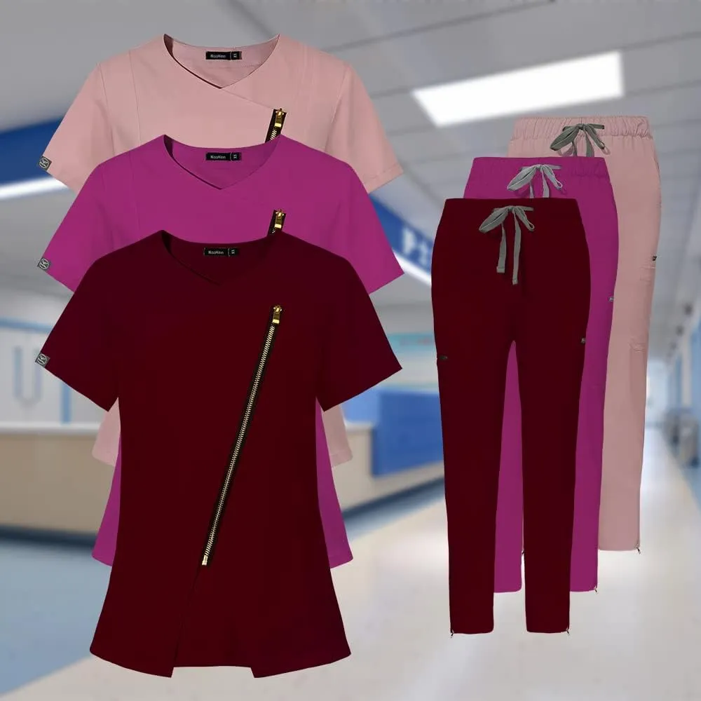 niaahinn Scrubs Set for Women Nursing Uniform Medical Scrubs Top and Elastic Waist Drawstring Pants