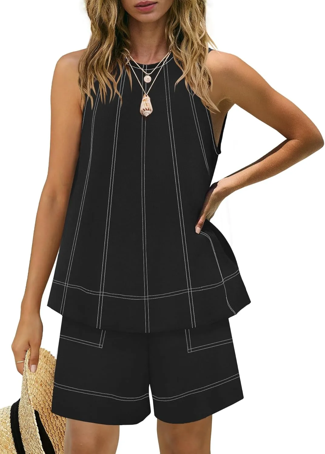 Nirovien Womens Short Sets 2 Piece Vacation Outfits Sleeveless Tank Top and Shorts Matching Set with Pockets