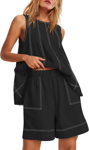 Nirovien Womens Short Sets 2 Piece Vacation Outfits Sleeveless Tank Top and Shorts Matching Set with Pockets