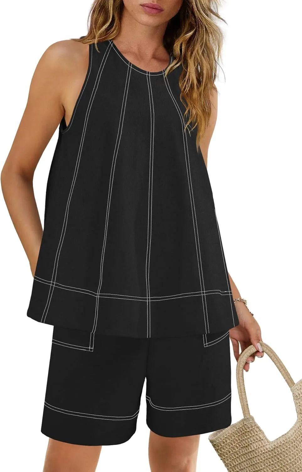 Nirovien Womens Short Sets 2 Piece Vacation Outfits Sleeveless Tank Top and Shorts Matching Set with Pockets