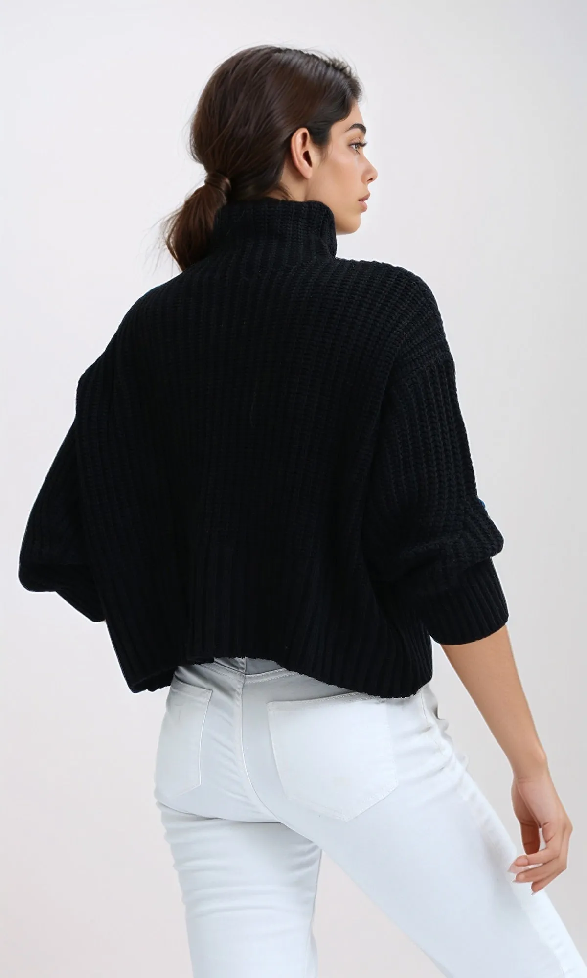 O192826 - Long Sleeves Knitted Mock Neck Pullover - Black
