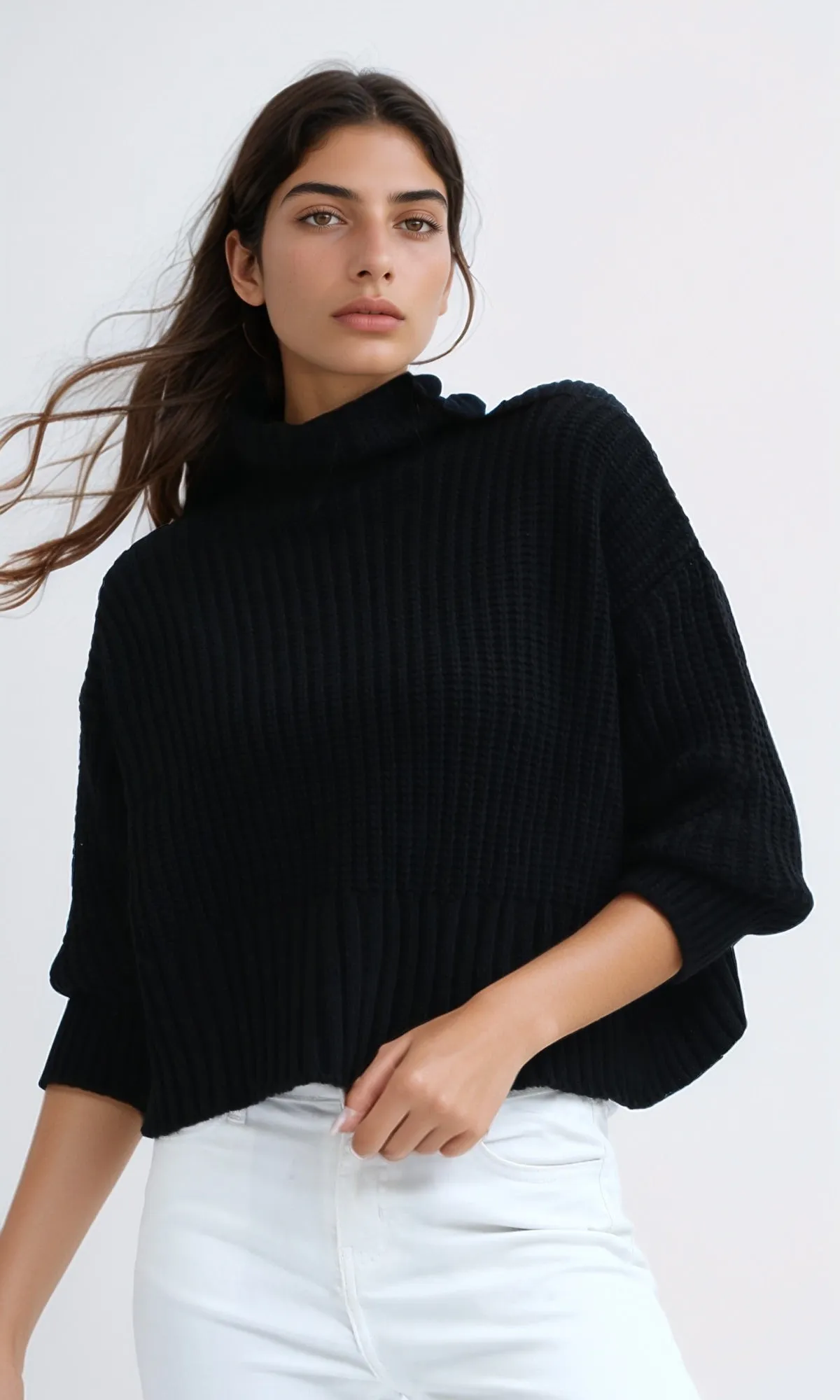 O192826 - Long Sleeves Knitted Mock Neck Pullover - Black
