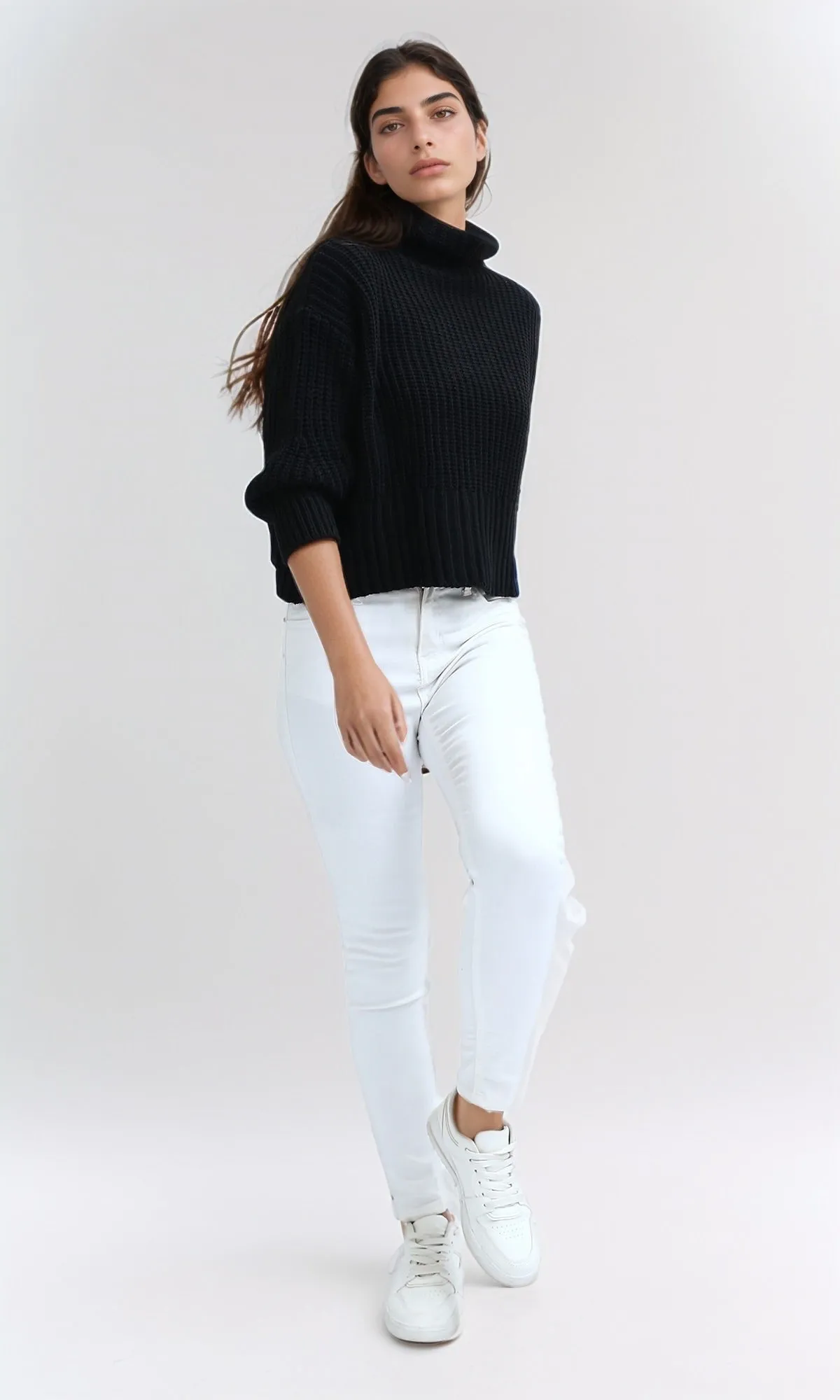 O192826 - Long Sleeves Knitted Mock Neck Pullover - Black