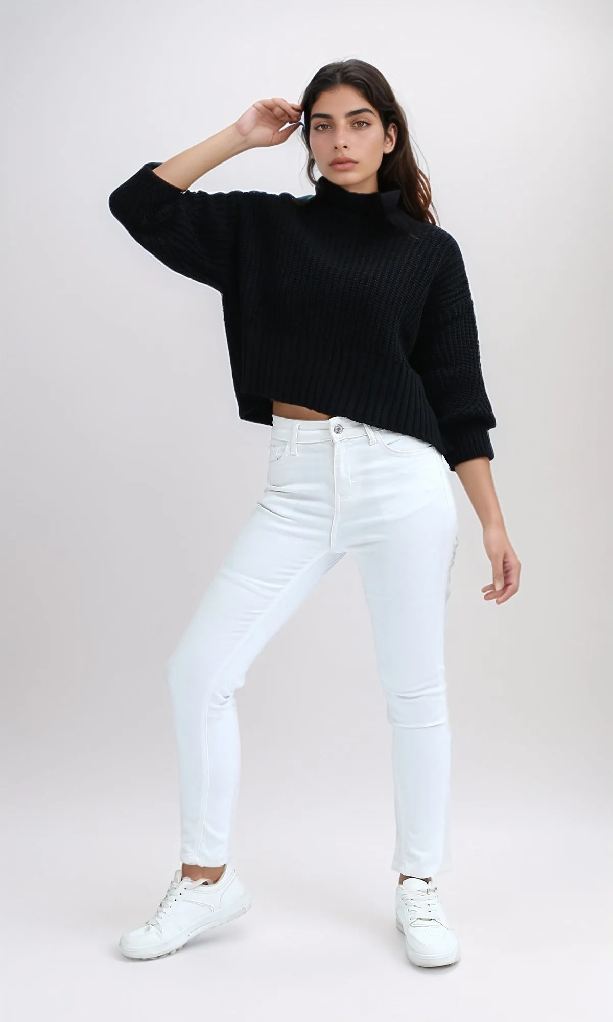 O192826 - Long Sleeves Knitted Mock Neck Pullover - Black