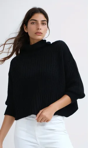 O192826 - Long Sleeves Knitted Mock Neck Pullover - Black