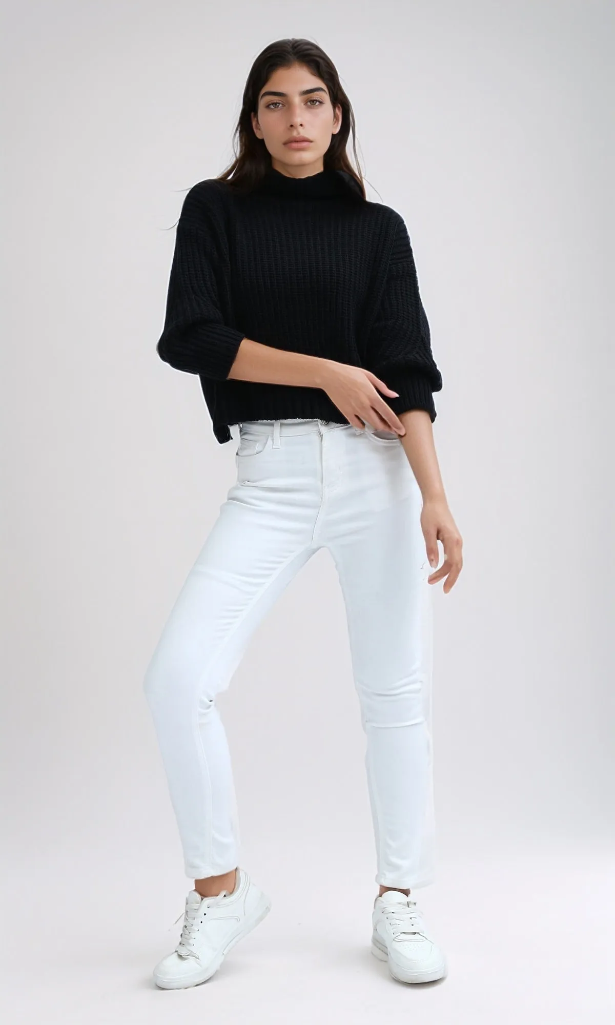 O192826 - Long Sleeves Knitted Mock Neck Pullover - Black
