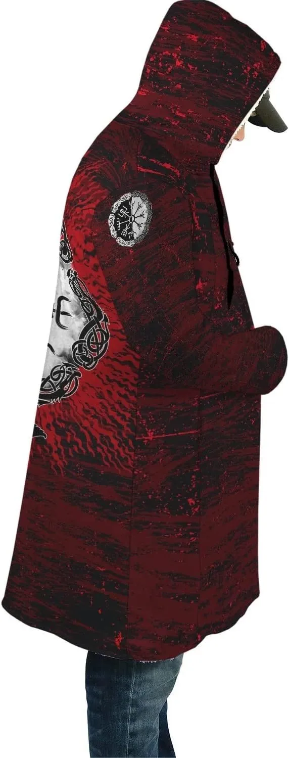 Odin Raven Men Viking Hooded Coat, Nordic Faux Cashmere Cloak 3D Printed Overcoat Winter Mid-Length Parka Jacket