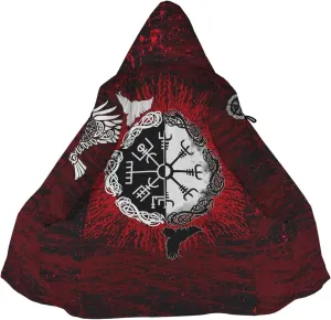 Odin Raven Men Viking Hooded Coat, Nordic Faux Cashmere Cloak 3D Printed Overcoat Winter Mid-Length Parka Jacket