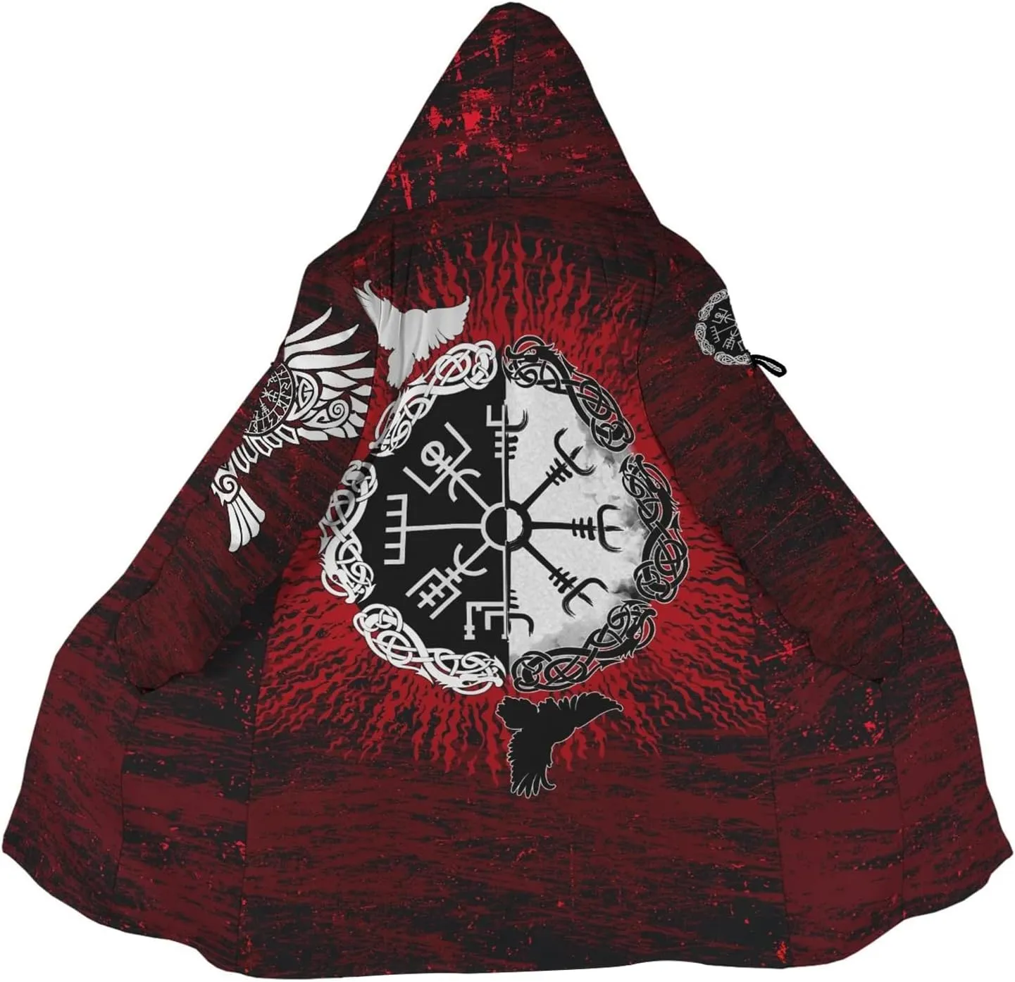 Odin Raven Men Viking Hooded Coat, Nordic Faux Cashmere Cloak 3D Printed Overcoat Winter Mid-Length Parka Jacket