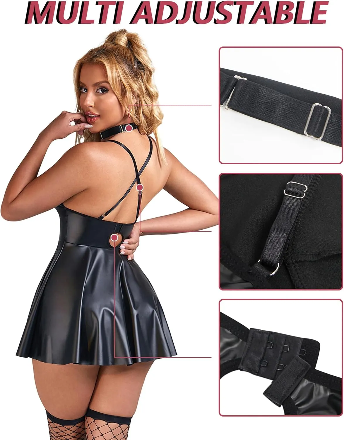 ohyeahlady Women Sexy PU Leather Dress Plus Size Spaghetti Strap Mini Dresses Sleeveless Pleated Steampunk Clubwear