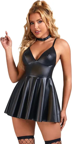 ohyeahlady Women Sexy PU Leather Dress Plus Size Spaghetti Strap Mini Dresses Sleeveless Pleated Steampunk Clubwear