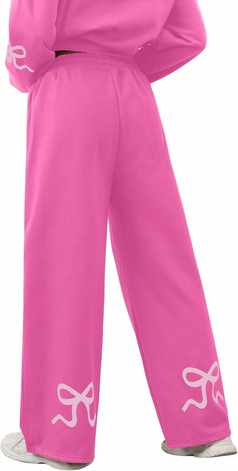 OLAPTA Women 2 Piece Outfits Bow Print Long Sleeve Hoodies Sets Graphic Sweatshirts Baggy Wide Leg Sweatpants Fall Sweatsuits