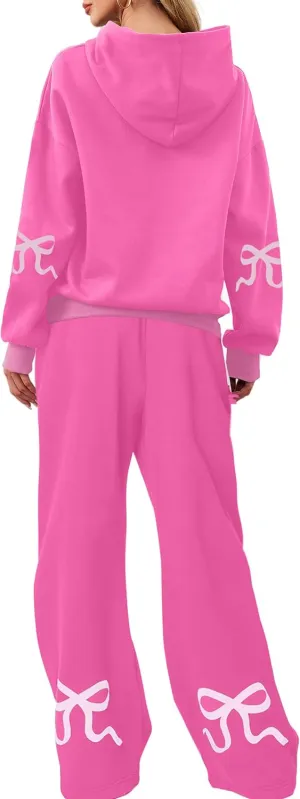 OLAPTA Women 2 Piece Outfits Bow Print Long Sleeve Hoodies Sets Graphic Sweatshirts Baggy Wide Leg Sweatpants Fall Sweatsuits