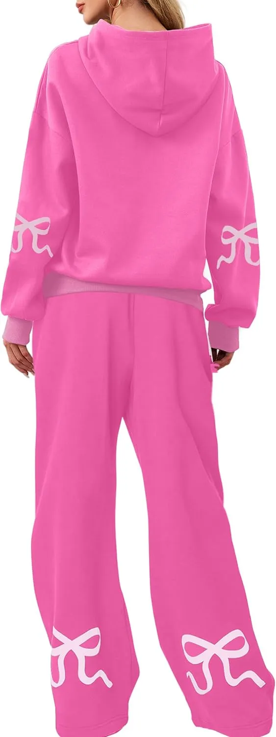 OLAPTA Women 2 Piece Outfits Bow Print Long Sleeve Hoodies Sets Graphic Sweatshirts Baggy Wide Leg Sweatpants Fall Sweatsuits