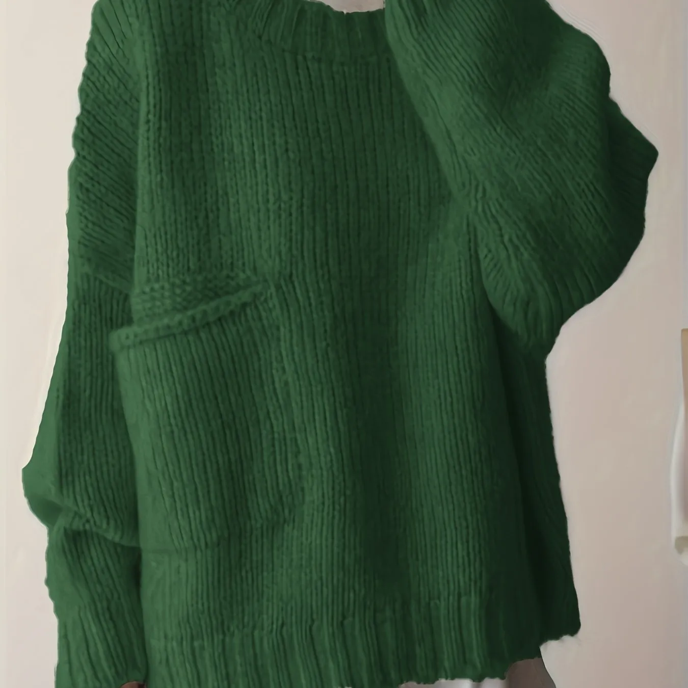 Plus Size Solid Pocket Sweater, Casual Long Sleeve Crew Neck Sweater For Fall & Winter, Women's Plus Size Clothing