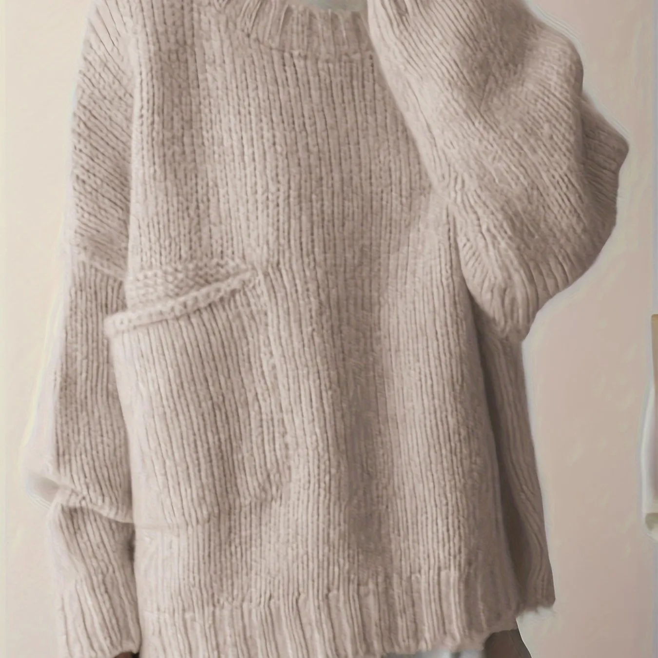 Plus Size Solid Pocket Sweater, Casual Long Sleeve Crew Neck Sweater For Fall & Winter, Women's Plus Size Clothing
