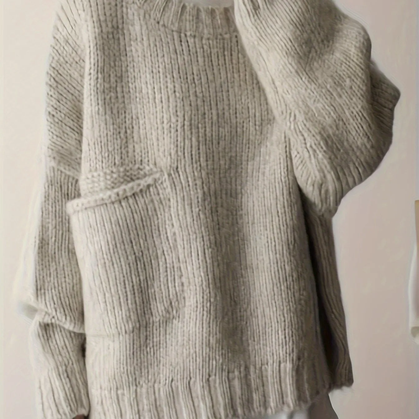 Plus Size Solid Pocket Sweater, Casual Long Sleeve Crew Neck Sweater For Fall & Winter, Women's Plus Size Clothing
