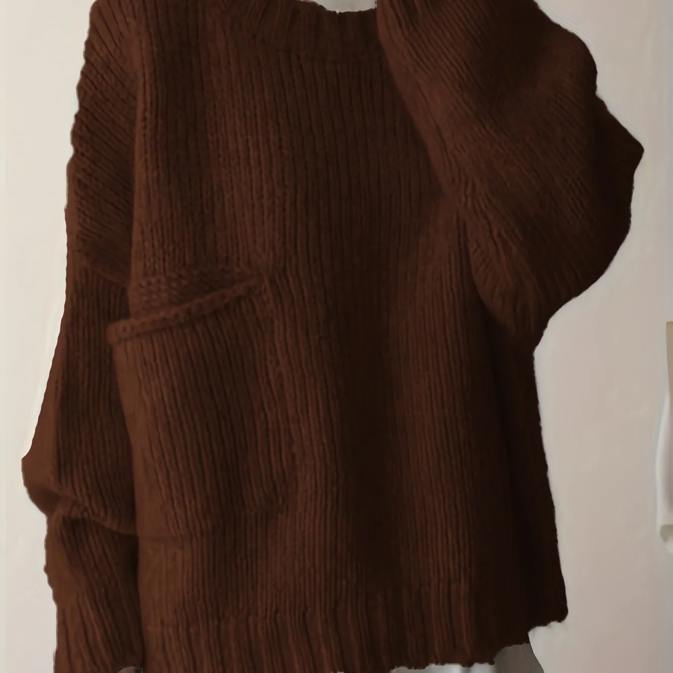Plus Size Solid Pocket Sweater, Casual Long Sleeve Crew Neck Sweater For Fall & Winter, Women's Plus Size Clothing