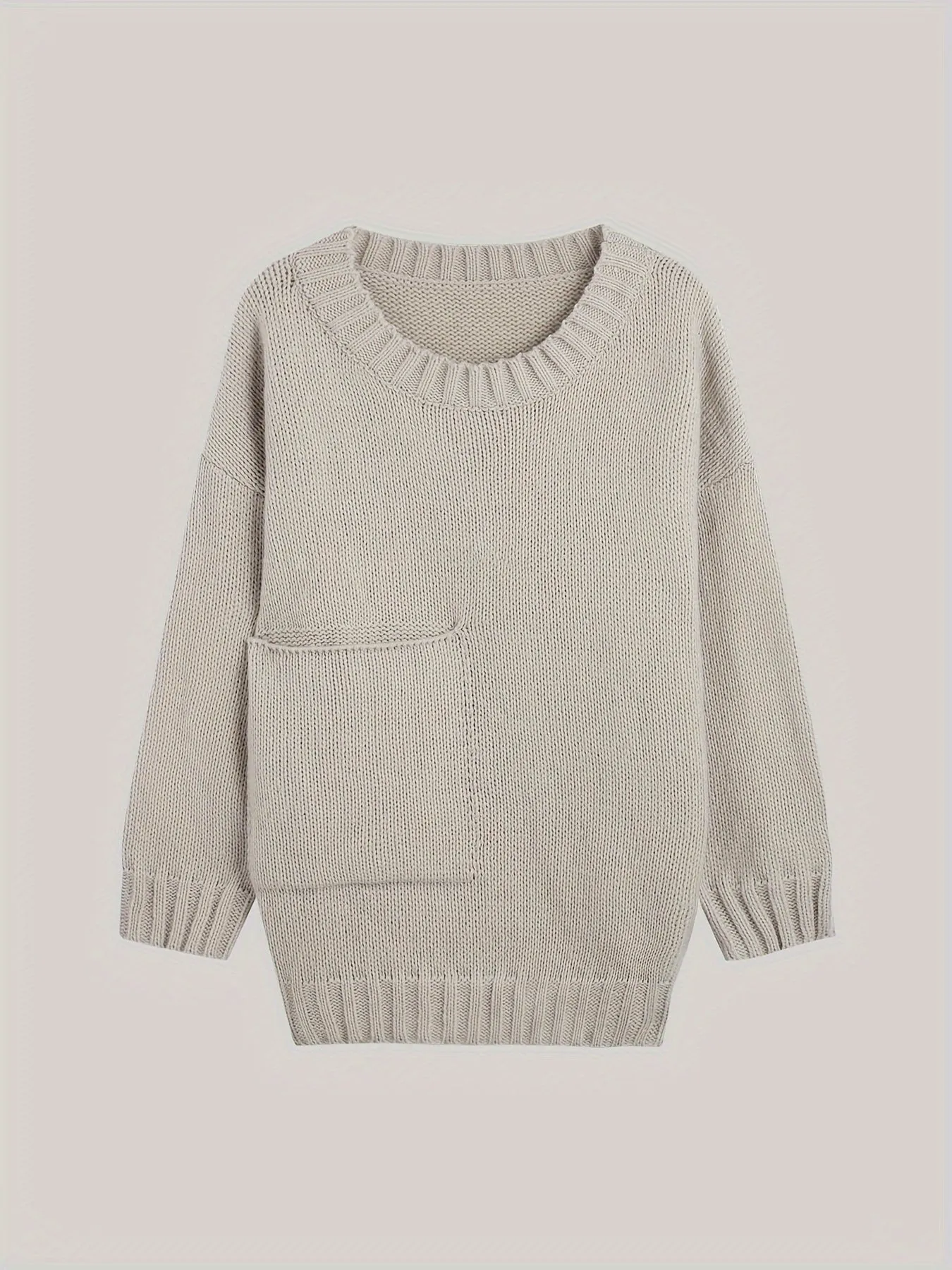 Plus Size Solid Pocket Sweater, Casual Long Sleeve Crew Neck Sweater For Fall & Winter, Women's Plus Size Clothing