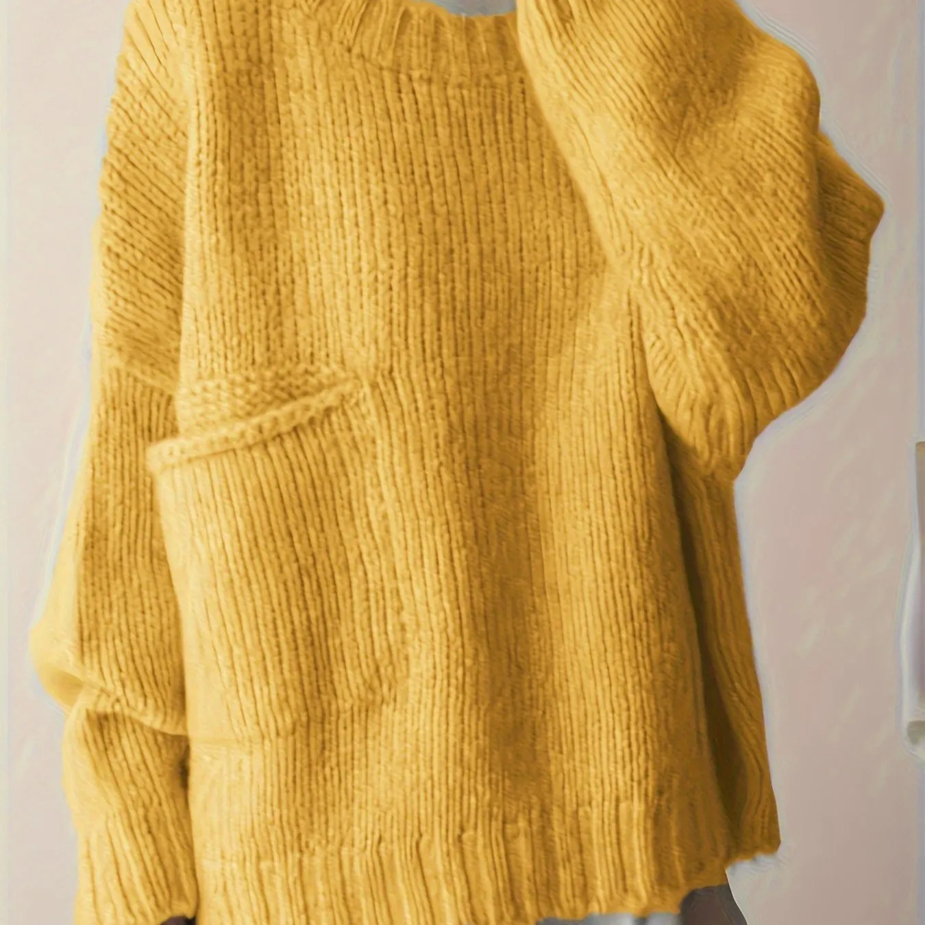 Plus Size Solid Pocket Sweater, Casual Long Sleeve Crew Neck Sweater For Fall & Winter, Women's Plus Size Clothing