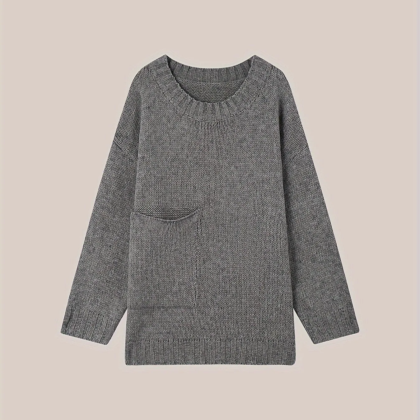 Plus Size Solid Pocket Sweater, Casual Long Sleeve Crew Neck Sweater For Fall & Winter, Women's Plus Size Clothing
