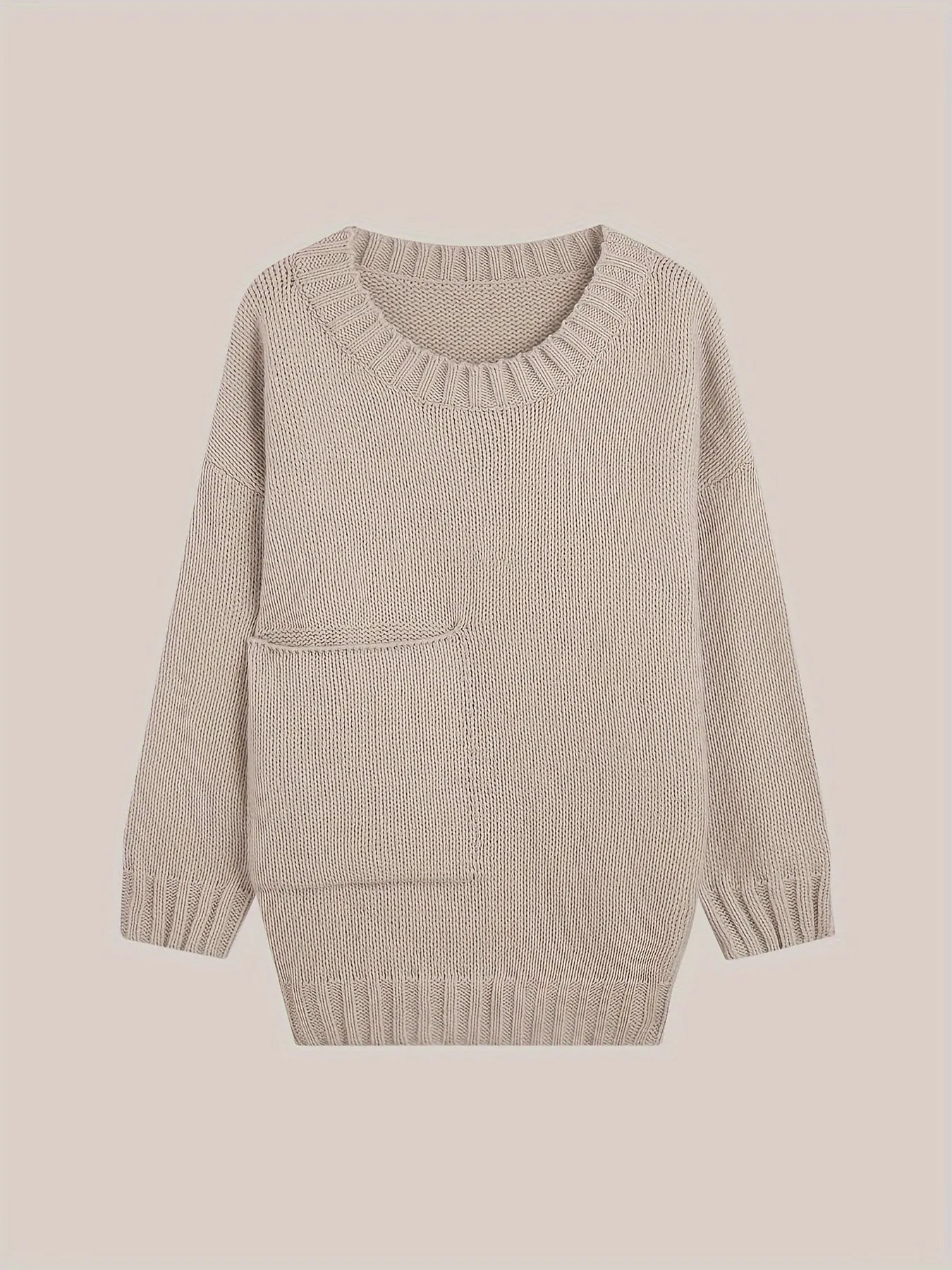 Plus Size Solid Pocket Sweater, Casual Long Sleeve Crew Neck Sweater For Fall & Winter, Women's Plus Size Clothing