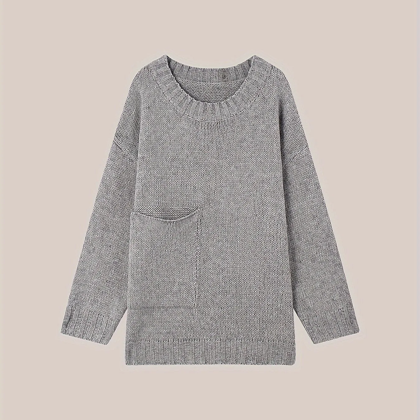 Plus Size Solid Pocket Sweater, Casual Long Sleeve Crew Neck Sweater For Fall & Winter, Women's Plus Size Clothing