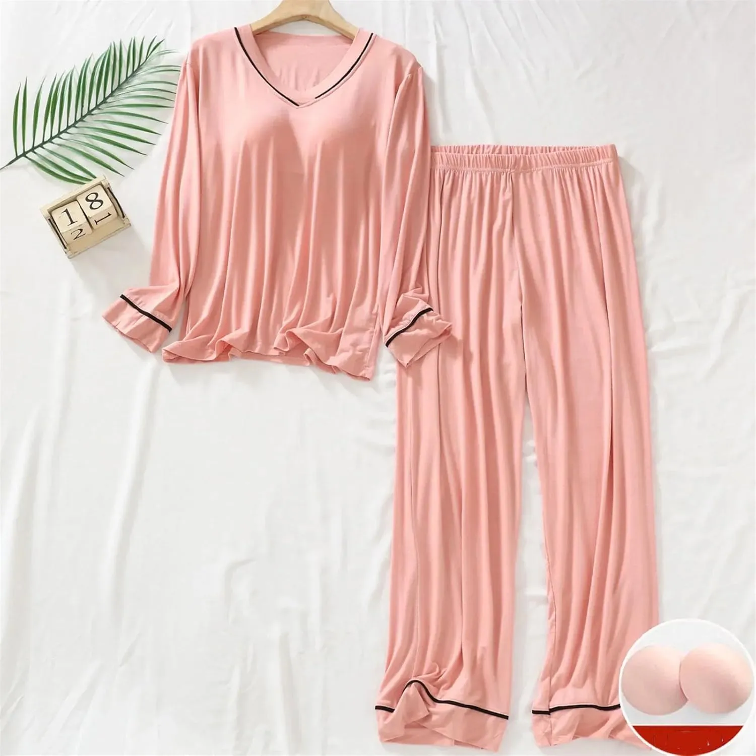 Plus Size Spring Pajamas Set Womens Long Sleeved Chest Pads Top Trousers 2Piece Loose Loungewear Homewear