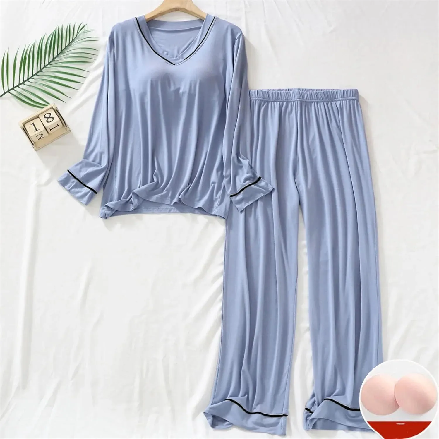 Plus Size Spring Pajamas Set Womens Long Sleeved Chest Pads Top Trousers 2Piece Loose Loungewear Homewear