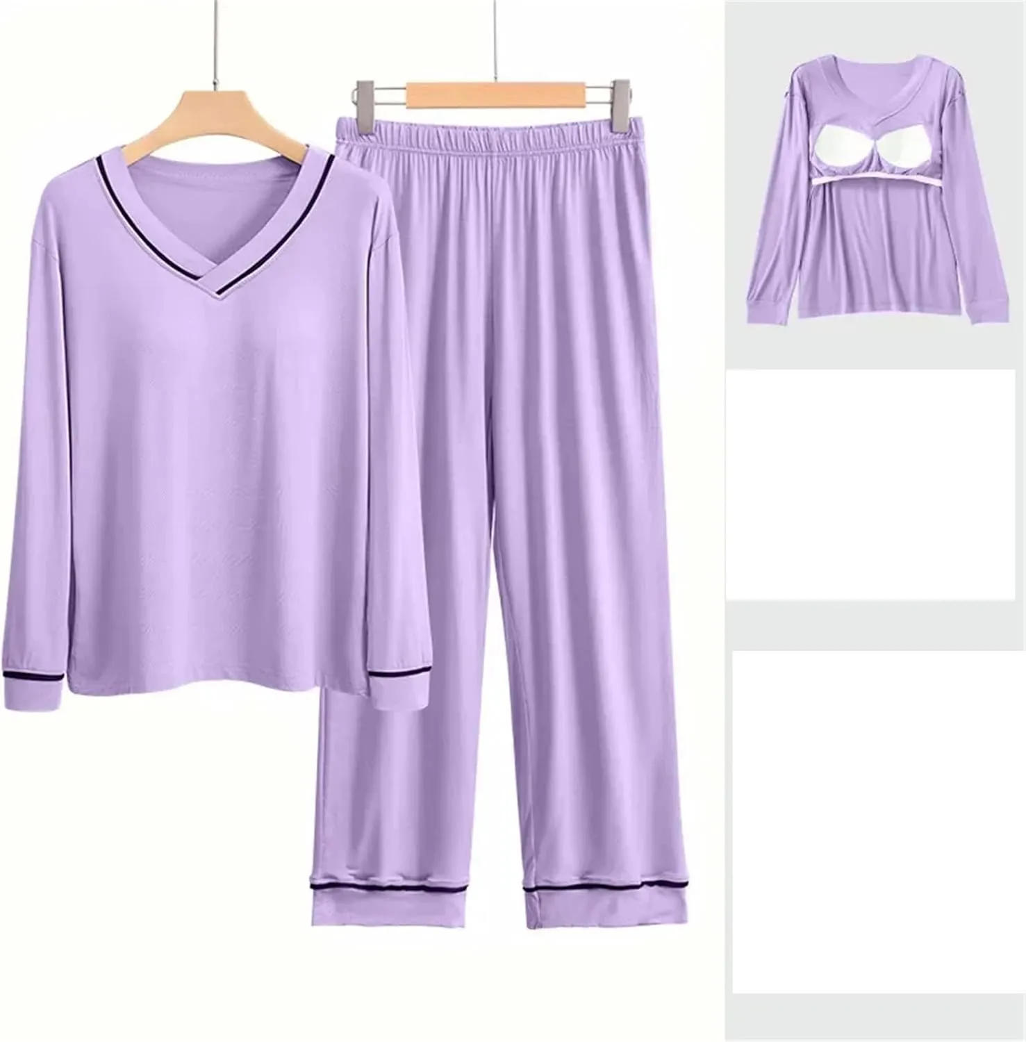 Plus Size Spring Pajamas Set Womens Long Sleeved Chest Pads Top Trousers 2Piece Loose Loungewear Homewear
