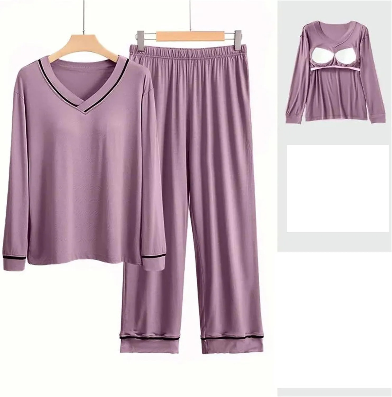 Plus Size Spring Pajamas Set Womens Long Sleeved Chest Pads Top Trousers 2Piece Loose Loungewear Homewear