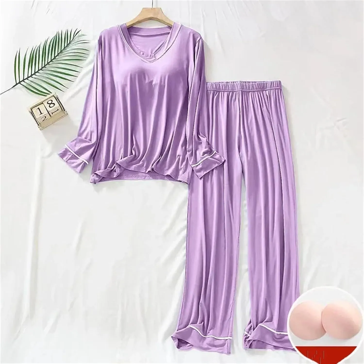 Plus Size Spring Pajamas Set Womens Long Sleeved Chest Pads Top Trousers 2Piece Loose Loungewear Homewear
